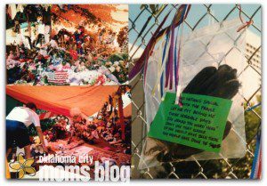 Left: A make-shift memorial for the victims of the bombing.  Right:  A rescue worker left his gloves on the fence with a note:   "I did nothing special So with the praise Let me put behind these horrible days I've heard the word 'hero' Don't use that name If you would have been there You would have done the same"