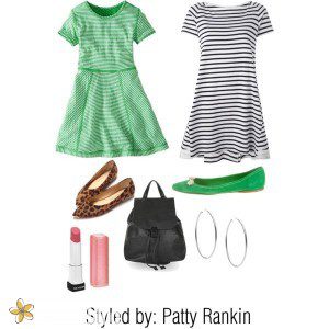 There are a variety of ways to make a version of this work in your closet. Look for stripes in tops, skirts, dresses, and mix in the options from your own closet.